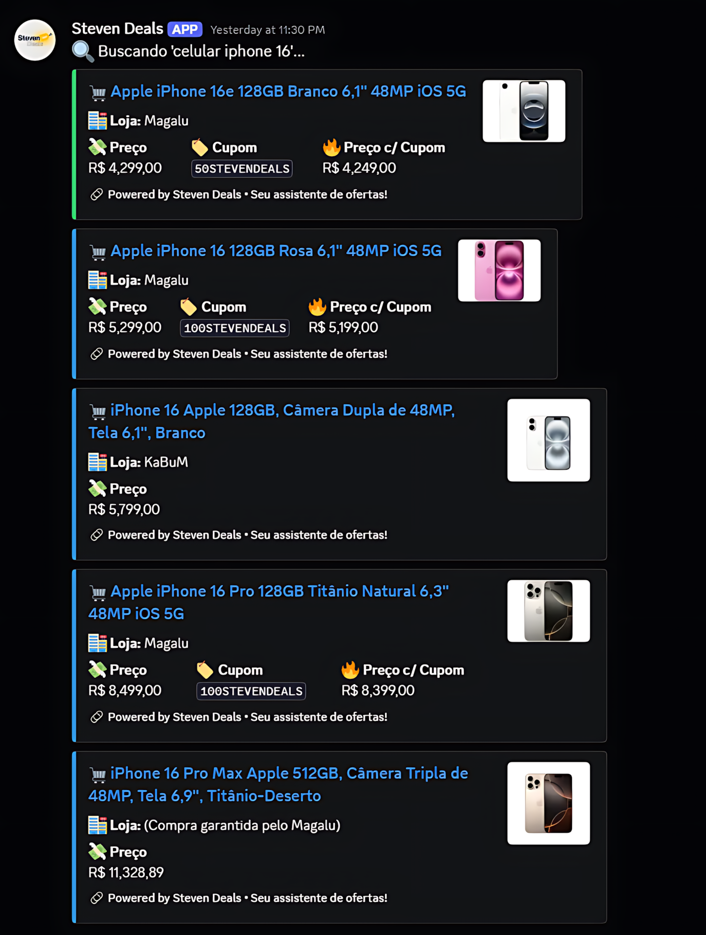 Captura de tela do Steven Deals no Discord mostrando ofertas do Galaxy S24 Ultra